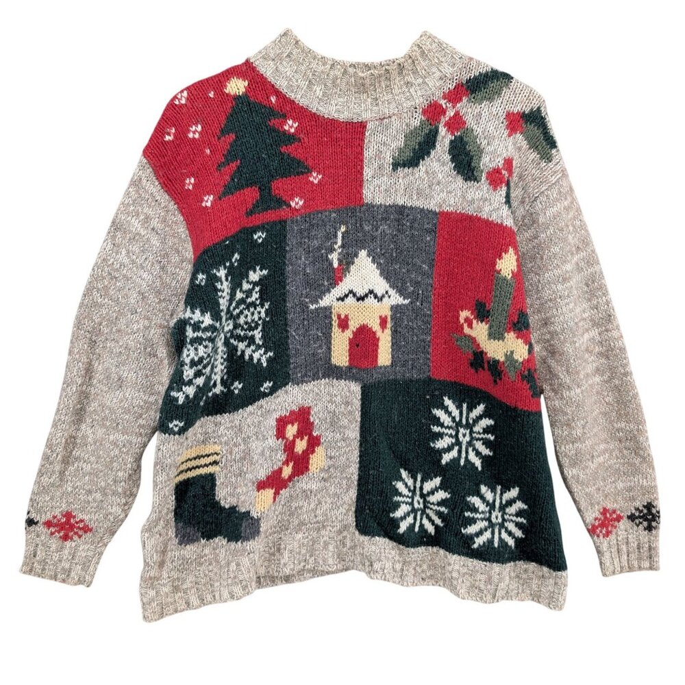 Vtg Crazy Horse Christmas Sweater Womens Grey Silk Wool Mock Neck Pullover Sz L